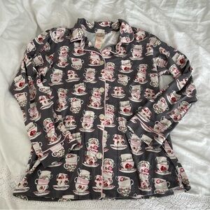 BedHead MEDIUM Cotton Pajama Top tea cups gray pink pajamas top shirt